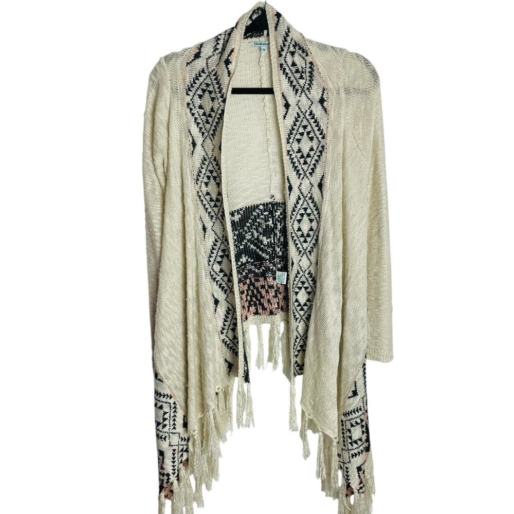 Nostalgia Womens Fringed Boho Cardigan Size M Aztec Southwestern Hi Low Festival
